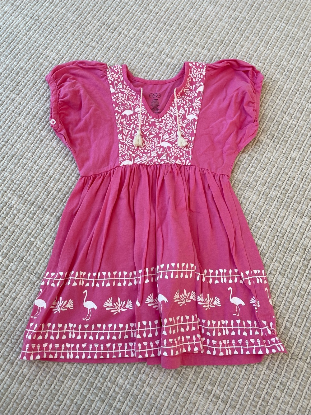 Girls Fuchsia Flamingo Print Cotton Dress with Tassel Detail